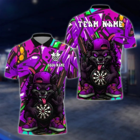 Funny Wolf Custom Graffiti Purple Men's Darts Polo Shirt, Custom Wolf Dart Team Shirts DAT0413