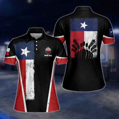 Women's Custom Texas Flag Bowling Polo Shirt, Custom Texas Bowling Shirts For Ladies BW0131 BOW0214