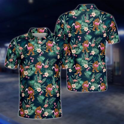 Bigfoot Flamingo Tropical Golf Polo Shirt For Men, Sasquatch Bigfoot Golf Shirt GOF0131