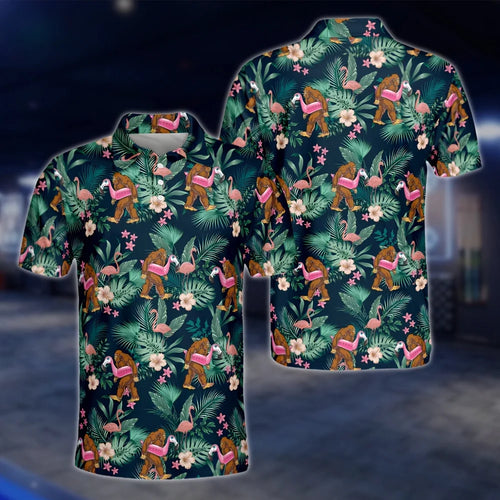 Bigfoot Flamingo Tropical Golf Polo Shirt For Men, Sasquatch Bigfoot Golf Shirt GOF0131