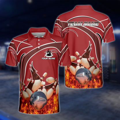 Custom Flame Men's Red Bowling Polo Shirts, Custom Flame Bowling Shirt For Team BM0318 BOW0429