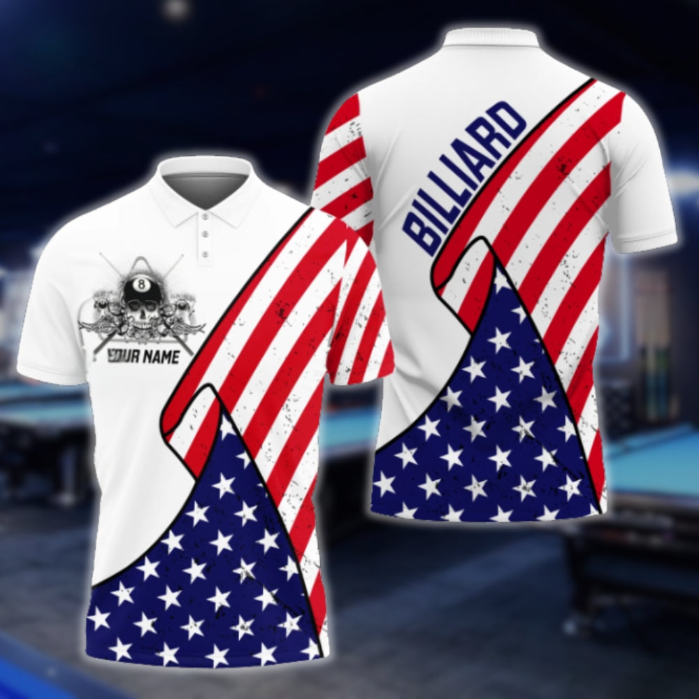 Custom American Flag Billiard Men Polo Shirt, Custom Patriotic Billiard Team Shirts BLD0041