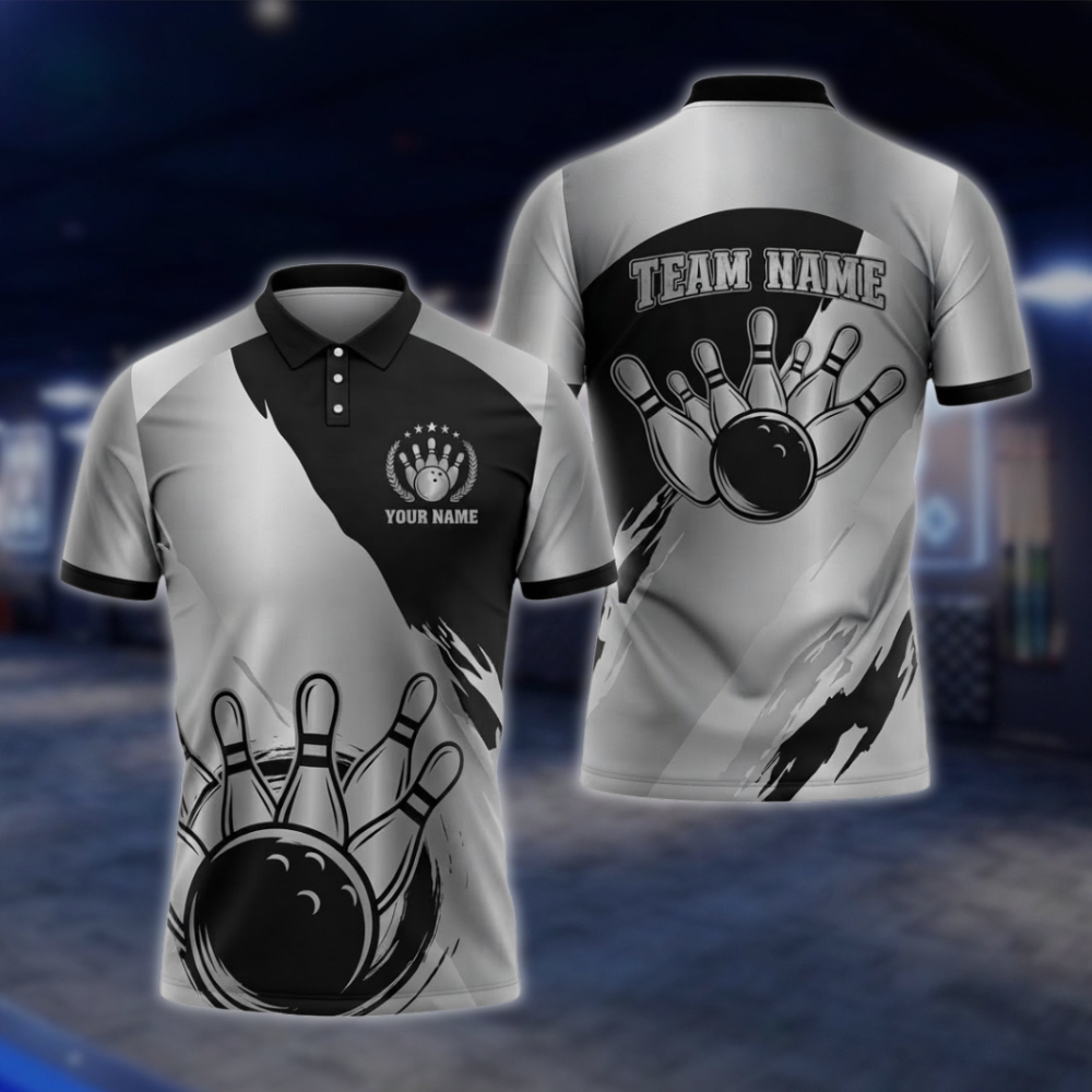 Personalized Silver Black Mens Bowling Polo Shirt For Men, Custom Team Bowling Shirt BZ0931 BOW0009