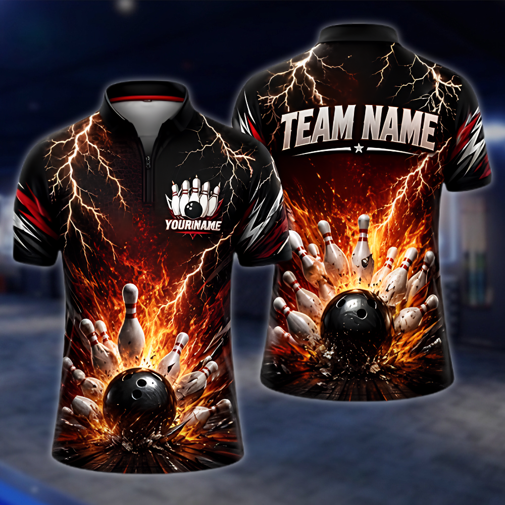 Personalized Thunder Fire Bowling Jersey For Men, Custom Flame Team Bowling Shirts BZ0868 BOW0078