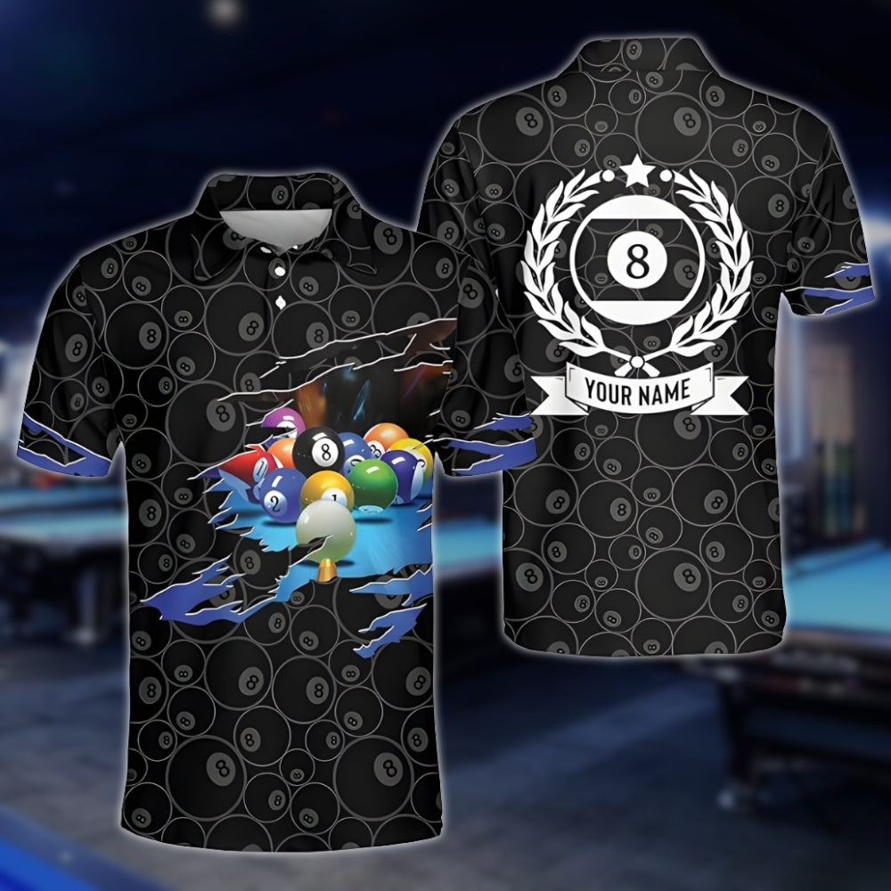 Custom Black Grunge 8 Ball Billiard Polo Shirt Mens, Custom Pool Billiard Shirts BLD0202