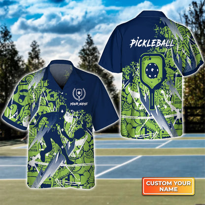 Pickleball - Scritch Man Green Blue Pattern Personalized Name 3D Hawaiian Shirt QB95 Gift For Pickleball Player PKL0144