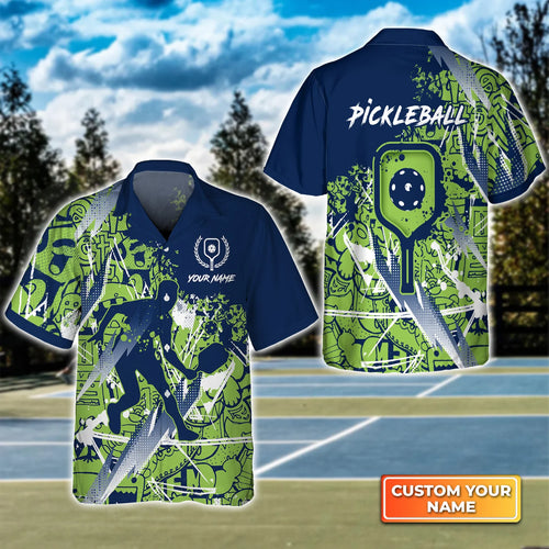 Pickleball - Scritch Man Green Blue Pattern Personalized Name 3D Hawaiian Shirt QB95 Gift For Pickleball Player PKL0144