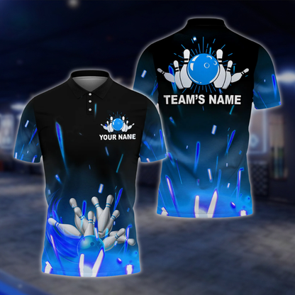 Personalized Blue Lightning Mens Bowling Team Polo Shirt, Custom Bowling Shirt Black Blue BZ0750 BOW0169