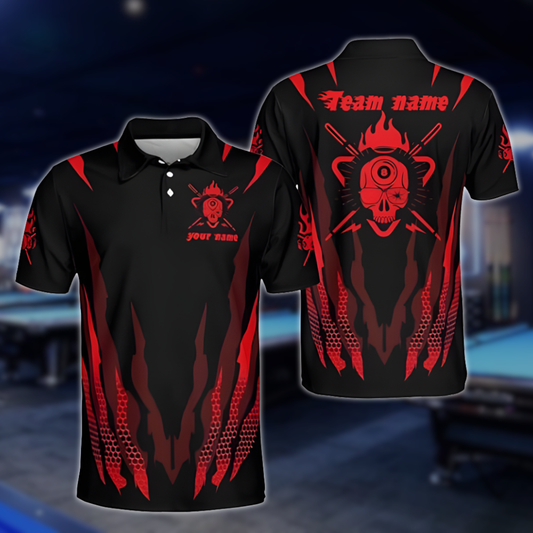 Red And Black Custom Grunge Skull Billiard Polo Shirts For Men, Custom Skull Billiard Team Shirts BLD0225