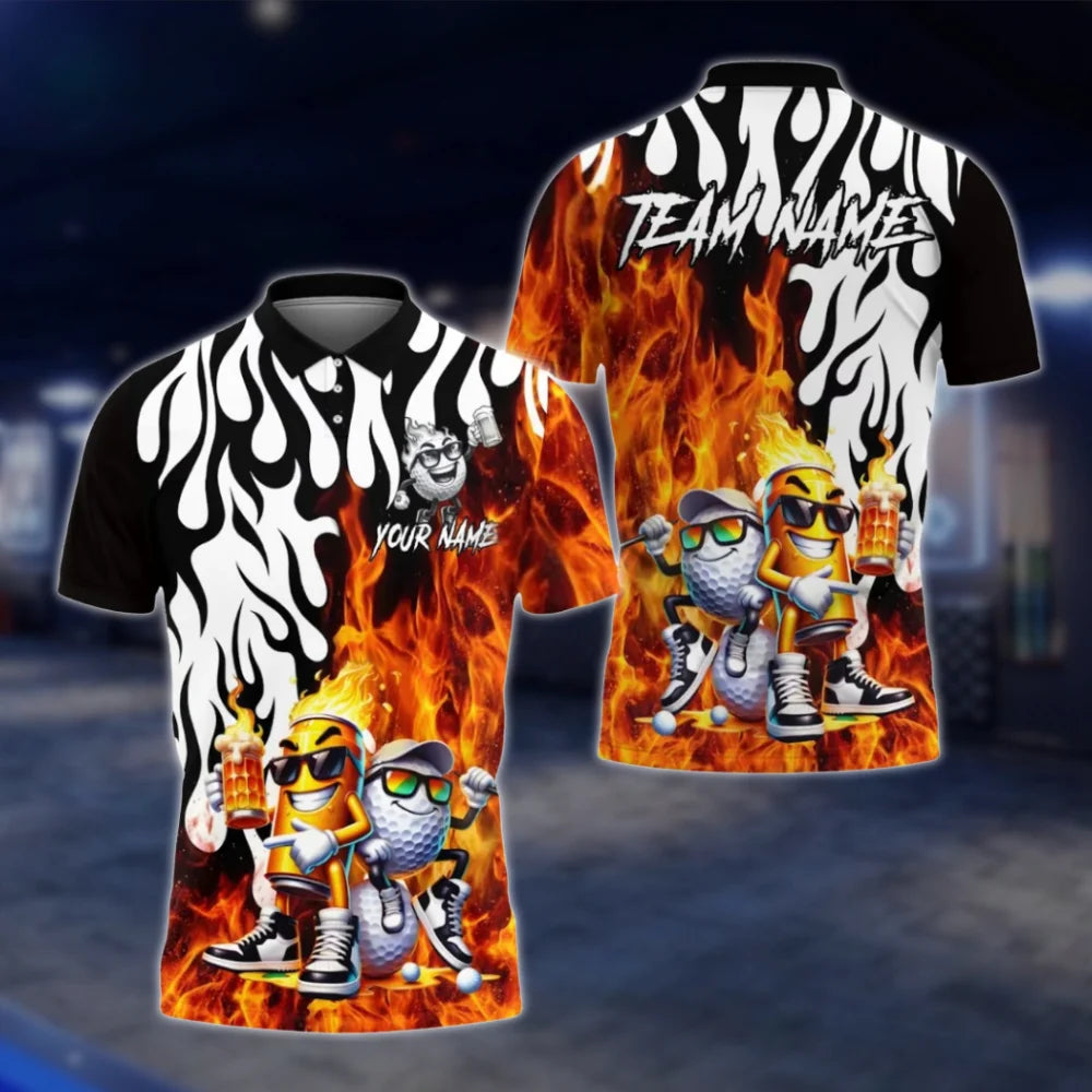 Custom Funny Beer Golf Ball Mens Flame Golf Polo Shirt, Custom Team Flame Golf Shirt For Beer Lover GOF0082