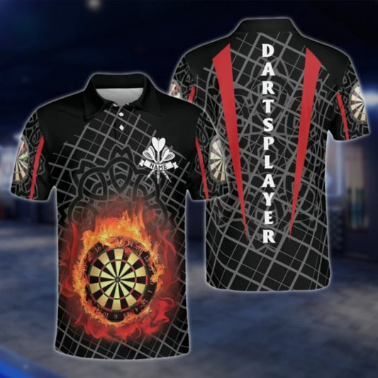 Custom Flaming Dartboard Polo Shirt For Men, Custom Name Dart Player Shirts DAT0362