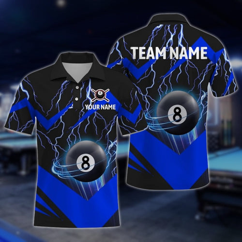 Custom Blue Lightning 8 Ball Billiard Men Polo Shirt, Custom 8 Ball Billiard Team Shirts BLD0192