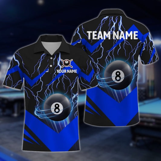 Custom Blue Lightning 8 Ball Billiard Men Polo Shirt, Custom 8 Ball Billiard Team Shirts BLD0192
