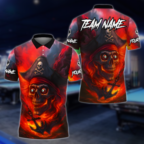 Custom Pirate Skull 8 Ball Polo Shirt For Men, Custom Skull Flame Billiard Team Shirts BLD0125