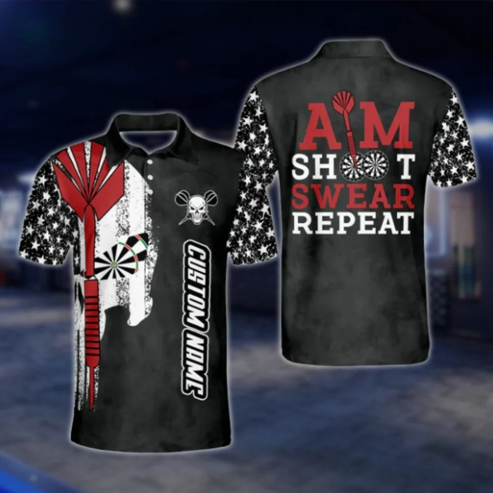 Custom Aim Shoot Swear Repeat Skull Dart Polo Shirt For Men, Custom Funny Dart Shirt DAT0454