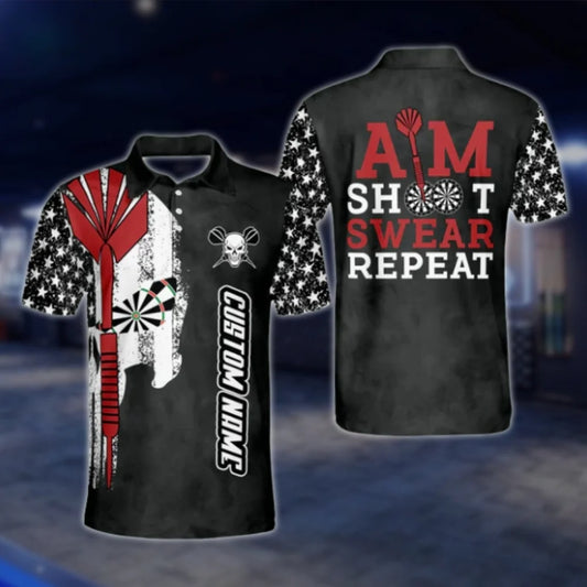 Custom Aim Shoot Swear Repeat Skull Dart Polo Shirt For Men, Custom Funny Dart Shirt DAT0454