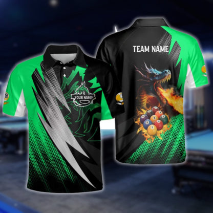 Custom Dragon 9 Ball Men's Billiard Polo Shirt Black Green, Custom Dragon Billiard Team Shirts BLD0037