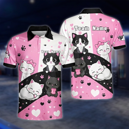 Personalized Cute Cate Bowling Polo Shirt Men, Pink White Custom Cat Bowling Shirt For Team BZ0853 BOW0095