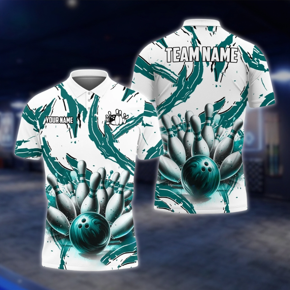 Personalized Mens Cyan White Abstract Bowling Polo Shirt, Custom Bowling Team Shirts BZ0751 BOW0168