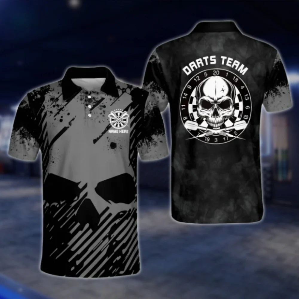 Custom Mens Skull Dart Polo Shirt Black, Custom Skull Darts Team Shirts DAT0469