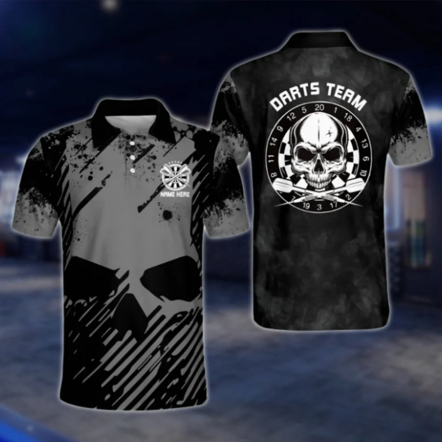 Custom Mens Skull Dart Polo Shirt Black, Custom Skull Darts Team Shirts DAT0469