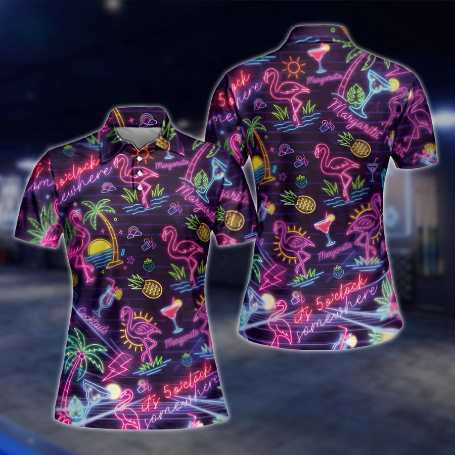 Neon Flamingo Margarita Cocktail Golf Polo Shirts Women, Flamingo Golf Shirts Ladies GOF0297