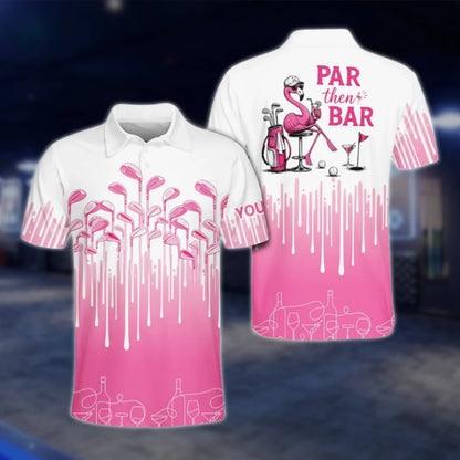 Par The Bar Personalized Mens Flamingo Golf Polo Shirt, Custom Flamingo Fun Golf Shirt GOF0071