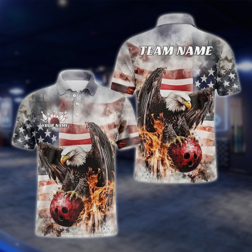 Custom Eagle USA Flag Bowling Polo Shirt Mens, Custom Eagle Bowling Shirts Team BZ0489 BOW0283