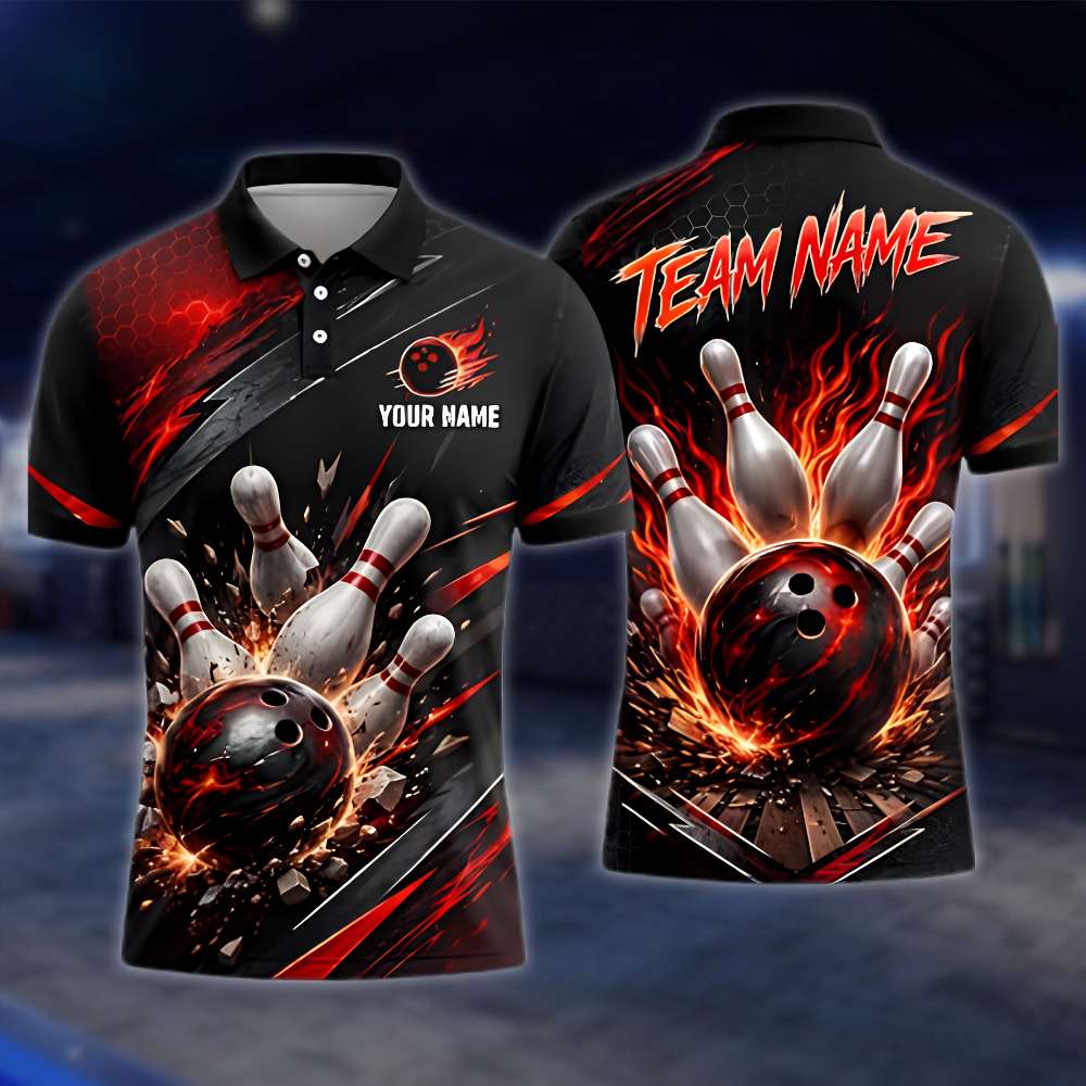 Personalized Flaming Red Black Bowling Polo Shirt For Men, Custom Flame Bowling Team Shirt BZ0916 BOW0010