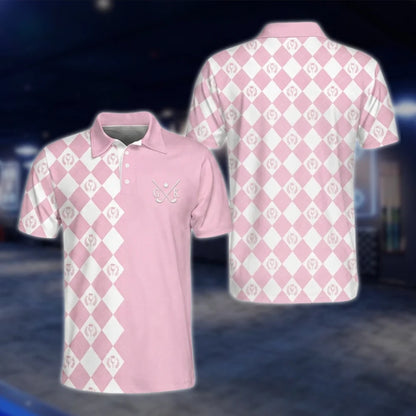 Personalized Initial Name Men's Argyle Golf Polo Shirt, Custom Argyle Golf Shirt Pink GOF0088