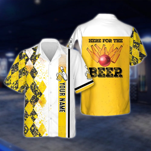 Here For The Beer Custom Argyle Yellow Bowling Hawaiian Shirt For Mens, Custom Funny Beer Bowling Shirts BZ0159 BOW0287