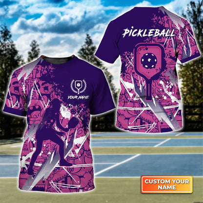 Pickleball - Scritch Woman Purple Pink Pattern Personalized Name 3D Tshirt QB95 Gift For Pickleball Player PKL0143