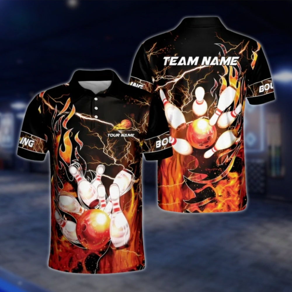 Custom Fire Thunder Bowling Polo Shirts For Mens, Custom Flame Team Bowling Shirts BZ0178 BOW0378