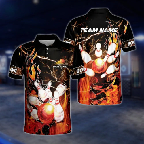 Custom Fire Thunder Bowling Polo Shirts For Mens, Custom Flame Team Bowling Shirts BZ0178 BOW0378