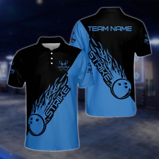Customized Black Blue Flame Ball Strike Bowling Polo Shirts For Men, Custom Flame Bowling Team Shirts BM0304 BOW0424