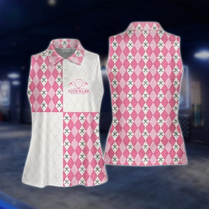 Personalized Pink Argyle Womens Sleeveless Golf Shirt, Custom Argyle Golf Shirt For Ladies GOF0064