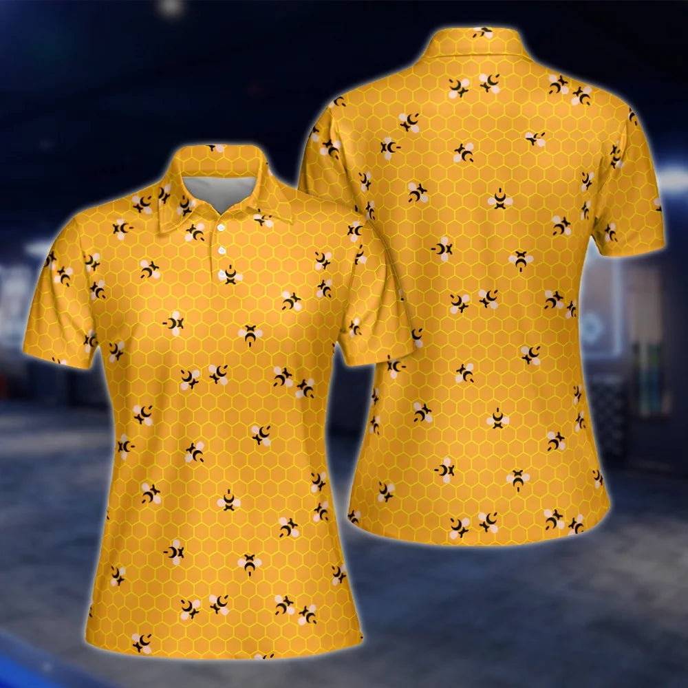 Bee Honeycomb Women's Yellow Golf Polo Shirts, Womens Bee Golf Shirts GOF0275