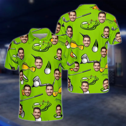 Custom Face Green Golf Pattern Mens Golf Polo Shirt, Personalized Photo Golf Shirt For Men GOF0157