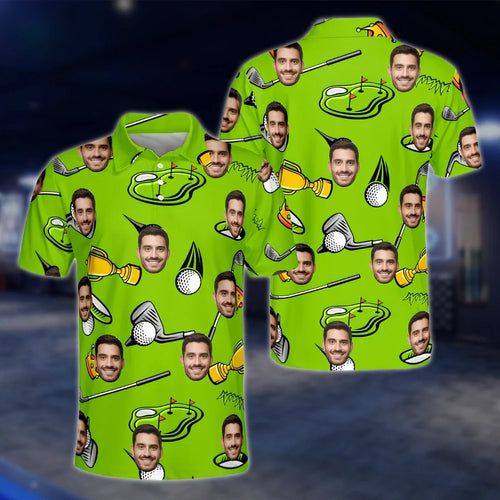 Custom Face Green Golf Pattern Mens Golf Polo Shirt, Personalized Photo Golf Shirt For Men GOF0157