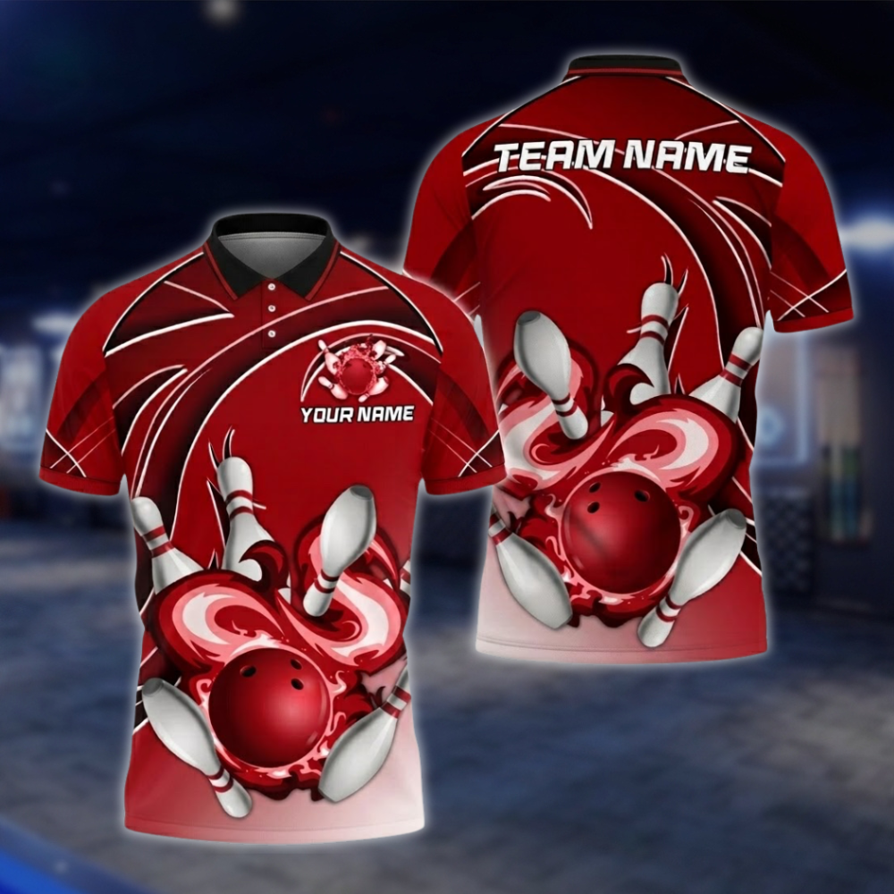 Personalized Flame Red Mens Bowling Polo Shirt, Custom Team Flame Bowling Shirts BZ0757 BOW0162