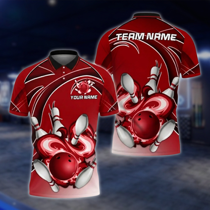 Personalized Flame Red Mens Bowling Polo Shirt, Custom Team Flame Bowling Shirts BZ0757 BOW0162