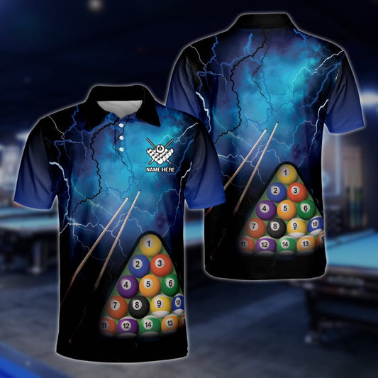 Custom Black Blue Thunder Billiard Men Polo Shirts, Custom Pool Billiard Shirts BLD0284