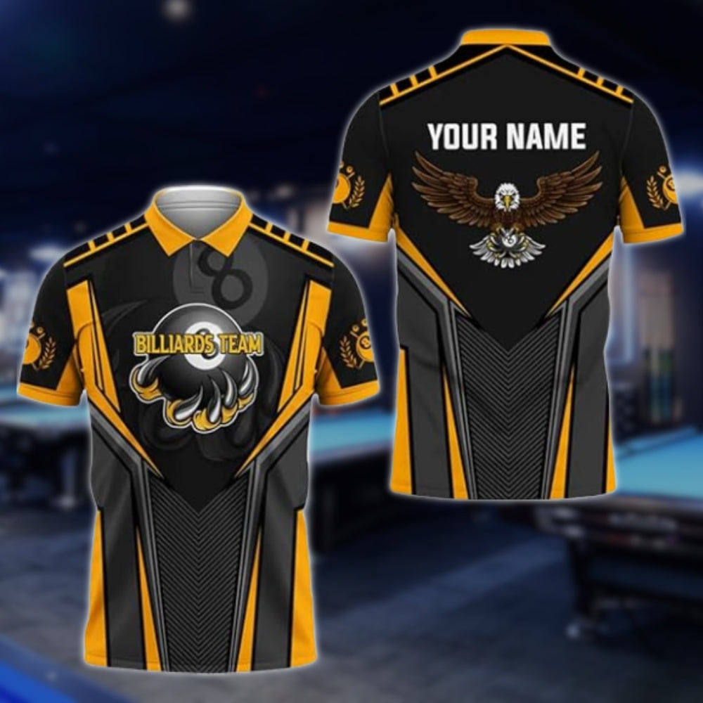 Custom Black And Yellow Eagle 8 Ball Polo Shirt For Mens, Custom Eagle Billiard Team Shirts BLD0128