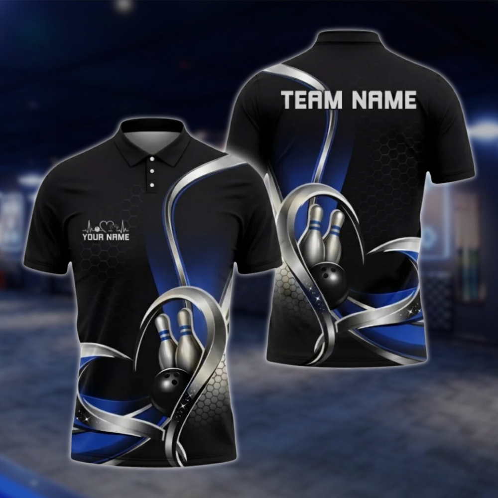 Personalized Team Silver Black Blue Bowling Polo Shirt, Custom Bowling Shirt For Men BZ0799 BOW0105