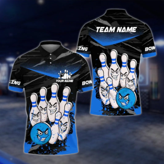 Custom Funny Pins And Ball Bowling Mens Polo Shirt, Back Blue Custom Funny Bowling Team Shirts BE0114 BOW0387