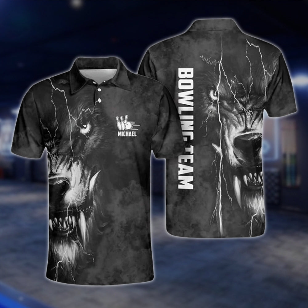 Custom Mens Wolf Black Bowling Polo Shirt, Custom Wolf Bowling Team Shirts BZ0260 BOW0225