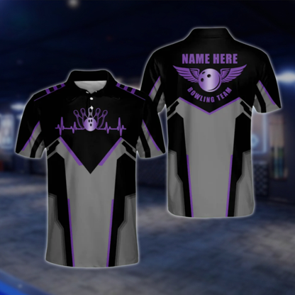 Personalized Black Purple Polo Bowling Team Shirts Men, Custom Bowling Shirts BM0010 BOW0494