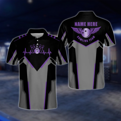 Personalized Black Purple Polo Bowling Team Shirts Men, Custom Bowling Shirts BM0010 BOW0494