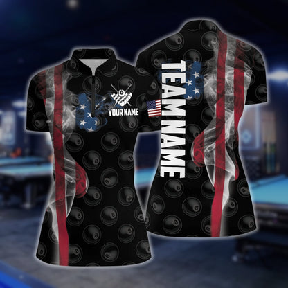 Custom American Flag Smoke 8 Ball Billiard Jersey For Ladies, Women's Custom Patriotic Billiard Team Shirts BLD0172