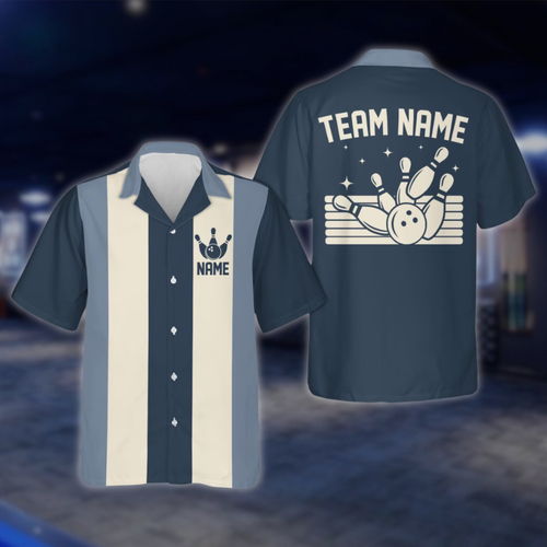 Personalized Blue Retro Bowling Hawaiian Shirt Men, Custom Retro Bowling Shirt For Team BE0219 BOW0151